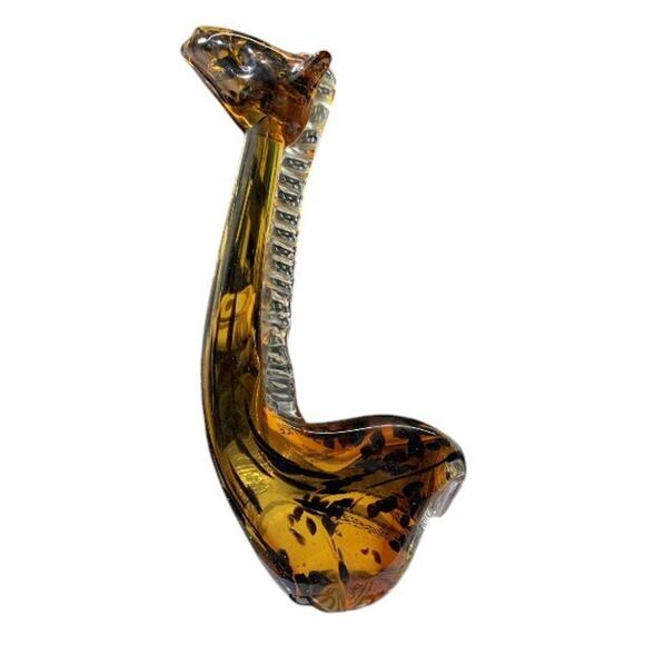 Vintage Glass Giraffe Murano Style Art 10 Inch Sculpture Amber And Black - Picture 2 of 3